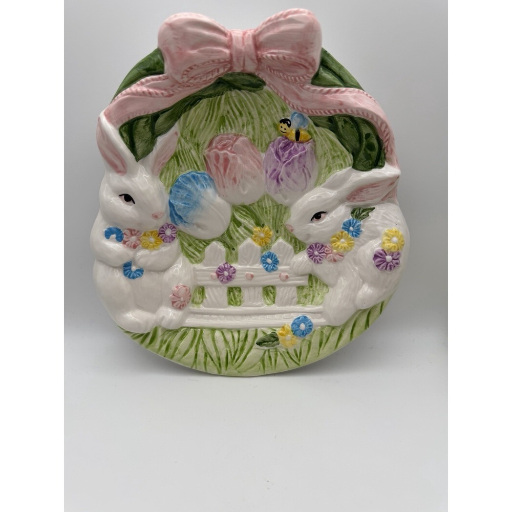 Easter Bunny‎ Plate 9" Ceramic Rabbits Tulips Pink Bow Spring Decor Floral